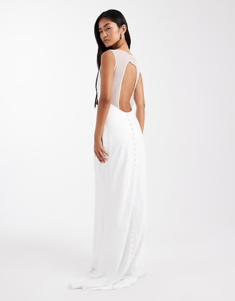 Six Stories Bridal satin maxi dress with mesh keyhole back and button detail in white