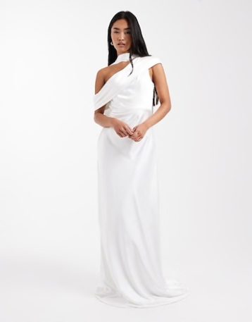 Six Stories Bridal satin one shoulder maxi dress in white