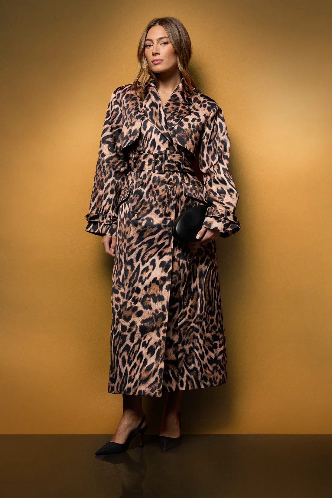 Coast Muse Leopard Printed Satin Trench Coat