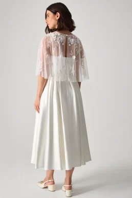 Monsoon Celeste satin wedding dress with floral embellished cape