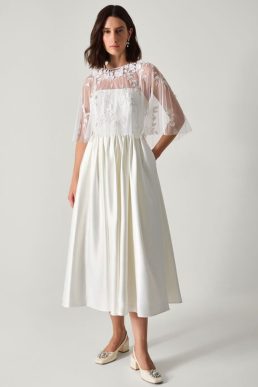 Monsoon Celeste satin wedding dress with floral embellished cape