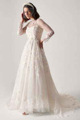Monsoon Lorelai long sleeve floral embellished mesh wedding dress ivory