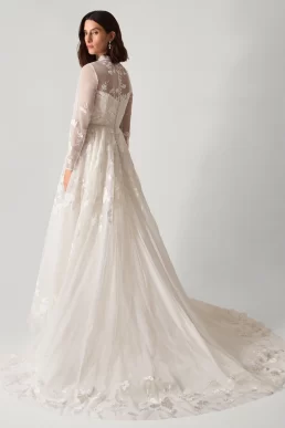 Monsoon Lorelai long sleeve floral embellished mesh wedding dress ivory