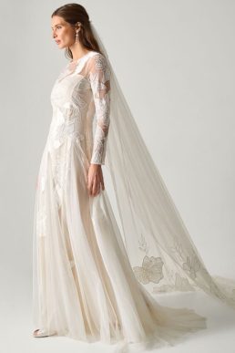 Monsoon Milena long sleeve floral embroidered mesh wedding dress
