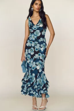 Reformation Evanthe Floral Cowl Neck Dress Navy Blue Multi