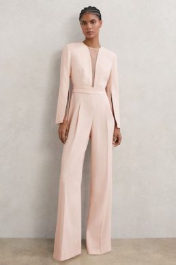 Reiss Evora Plunge-Neck Split-Sleeve Jumpsuit in Pale Pink Blush