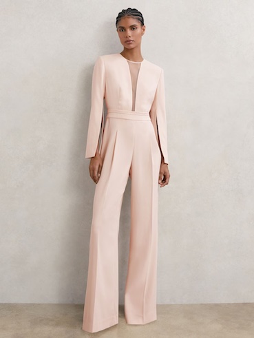 Reiss Evora Plunge-Neck Split-Sleeve Jumpsuit in Pale Pink Blush