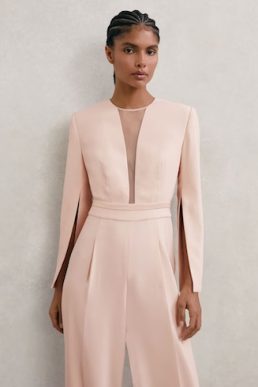Reiss Evora Plunge-Neck Split-Sleeve Jumpsuit in Pale Pink Blush