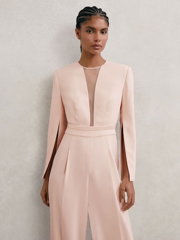 Reiss Evora Plunge-Neck Split-Sleeve Jumpsuit in Pale Pink Blush