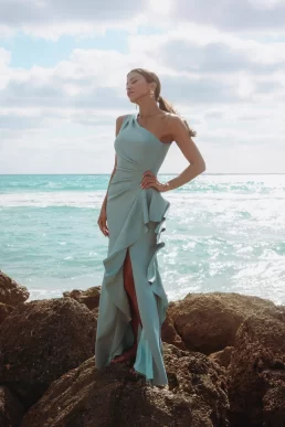 Xscape Evenings Flo Long Techno Scuba One Shoulder Ruffle Maxi Bridesmaid Dress