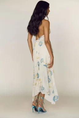 Reformation Mela Halter Maxi Dress Glorious Blue Ivory