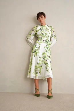 Hobbs Pia Silk Floral Dress Green Ivory Multi