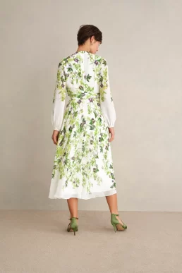 Hobbs Pia Silk Floral Dress Green Ivory Multi