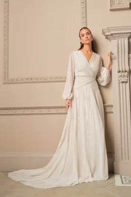 Coast Long Sleeve Linear Embellished Wedding Dress Ivory