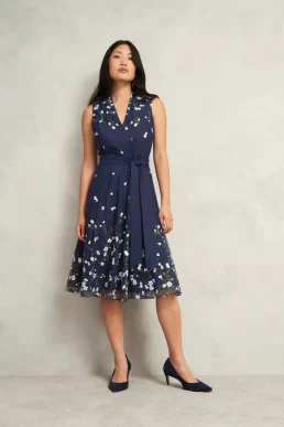 Hobbs Aria Floral Embroidered Dress Navy Multi