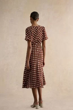 Hobbs Dorothy Spot Midi Dress Brown Ivory