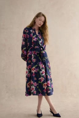 Hobbs Pippa Floral Waist Tie Dress Navy Blue Pink Multi