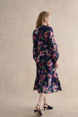 Hobbs Pippa Floral Waist Tie Dress Navy Blue Pink Multi