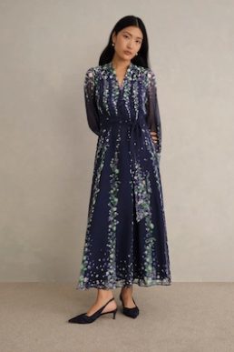 Hobbs Ros Floral Silk Sleeve Dress Midnight Navy Blue Multi