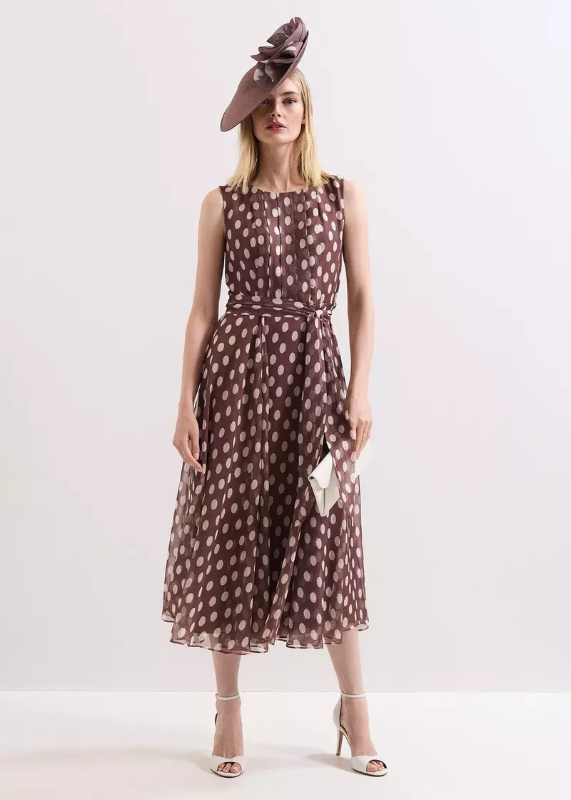Phase Eight Lucinda Spot Midi Dress Late Brown Cream