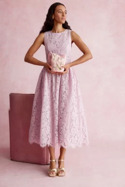 Monsoon Lydia sleeveless lace midi dress pink