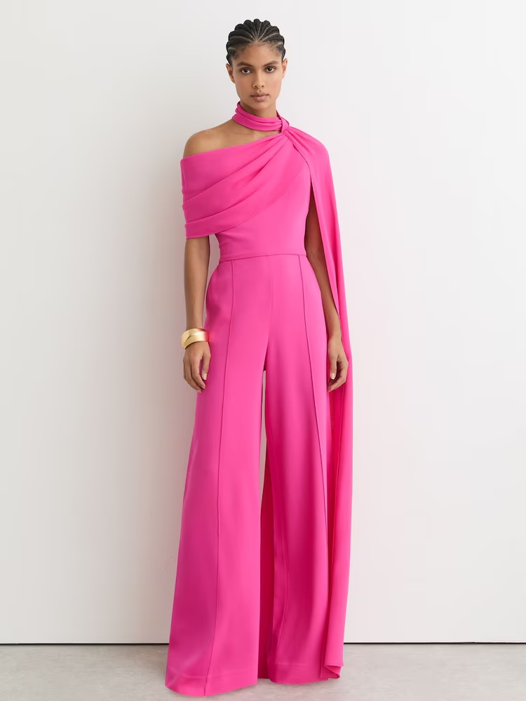 Reiss Carrie One-Shoulder Drape Wide-Leg Jumpsuit in Raspberry Pink