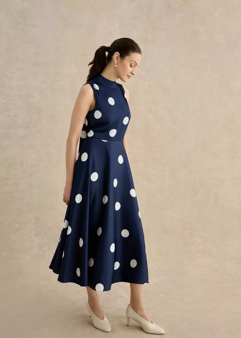 Hobbs Mia Satin Spot Dress Midnight Navy Ivory