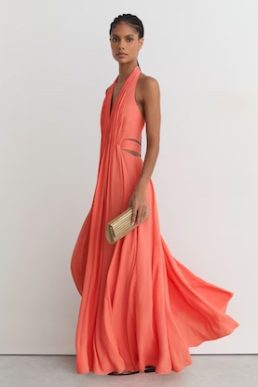 Reiss Cara Halterneck Pleated Maxi Dress in Coral Pink