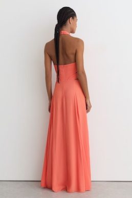 Reiss Cara Halterneck Pleated Maxi Dress in Coral Pink