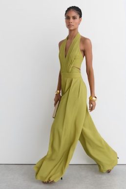 Reiss Lainey Halterneck Pleated Wide-Leg Jumpsuit in Green