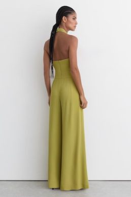 Reiss Lainey Halterneck Pleated Wide-Leg Jumpsuit in Green