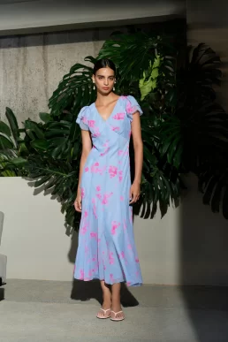French Connetion Myla Floral Emina Chiffon Tea Dress Blue Pink