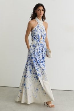 Reiss Amaya Cotton Floral-Print Belted Maxi Dress Ivory Blue