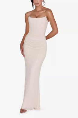 House of CB Dove Bead-Embellished Mesh Bridal Gown Ivory