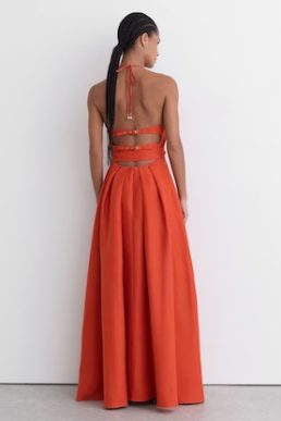 Reiss Paules Linen Open-Back Maxi Dress in Coral Orange