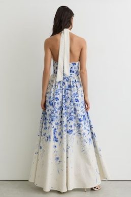 Reiss Amaya Cotton Floral-Print Belted Maxi Dress Ivory Blue