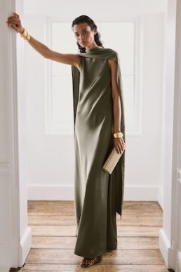Reiss Fae Satin Cape Maxi Dress in Khaki Green