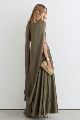 Reiss Fae Satin Cape Maxi Dress in Khaki Green