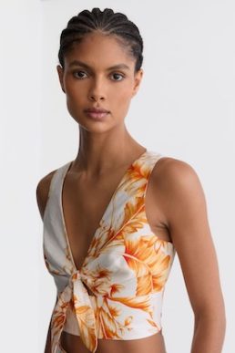 Reiss Milly Linen Floral Print Tie Front Top in Ivory Orange