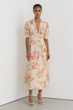 Reiss Poppy Floral-Print Waisted Midi Dress in Ivory Pink