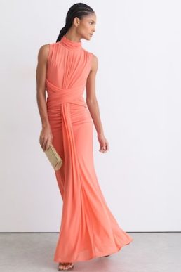 Reiss Starla Sheer Ruched Sleeveless Maxi Dress in Orange