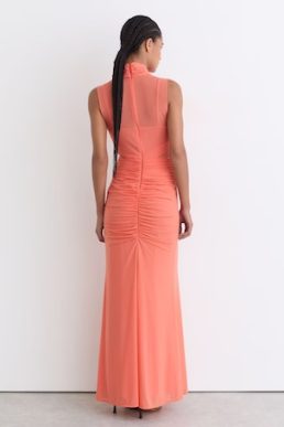 Reiss Starla Sheer Ruched Sleeveless Maxi Dress in Orange