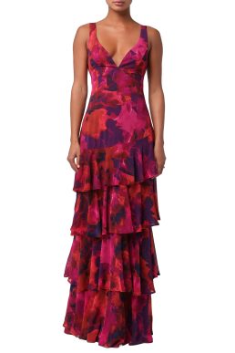 Lulus Women's Imogen Tiered Chiffon Maxi Dress, Fuschia Multi, S