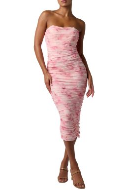 Lulus Steffi Ruched Midi Dress Strapless Bodycon Mesh Lace-Up Back Kick Pleat Hidden Zipper Elegant Evening Gown, Light Peach Multi, S