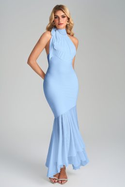 HTZMO Women Halter Tie Formal Wedding Guest Maxi Dress Sexy Backless Bow Bodycon Ruched Cocktail Party Long Dresses, Blue, S
