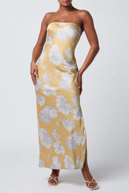 Lulus Whitney Strapless Midi Dress for Women Pink Floral Cocktail Dress with Side Slit Elegant, Gold Floral, XL