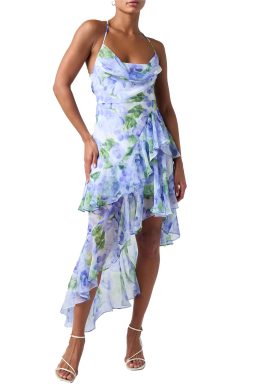 Lulus Norah Cowl Neck Asym Midi Dress Floral Chiffon Lace-Up Back High-Low Ruffled Hem Elegant Gown, Blue Floral, S