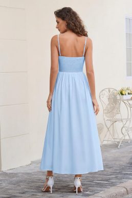 HTZMO Floral Tube Maxi Sundress Women Summer Wedding Guest Flowy Long Dress with Pockets Removable Strap or Strapless, Blue, S