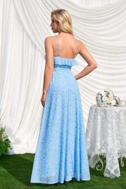 HTZMO Floral Wedding Guest Long Dress Summer V Neck Tie Ruffle Flowy Party Maxi Dresses for Women, Bluefloral, XS