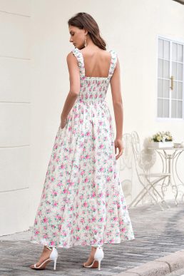 HTZMO Floral Wedding Guest Maxi Sundress 2026 Women Summer Square Neck Ruched A Line Flowy Long Dresses with Pockets, Pinkfloral, XL